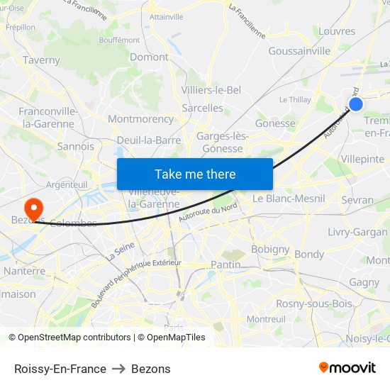 Roissy-En-France to Bezons map