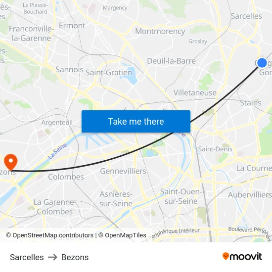Sarcelles to Bezons map