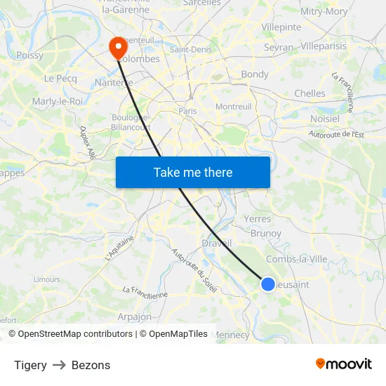 Tigery to Bezons map
