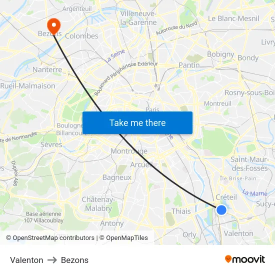 Valenton to Bezons map