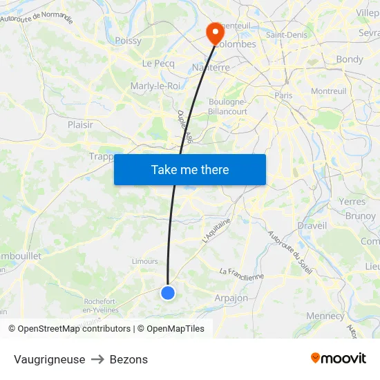 Vaugrigneuse to Bezons map