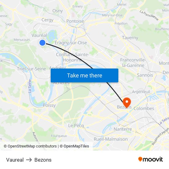 Vaureal to Bezons map