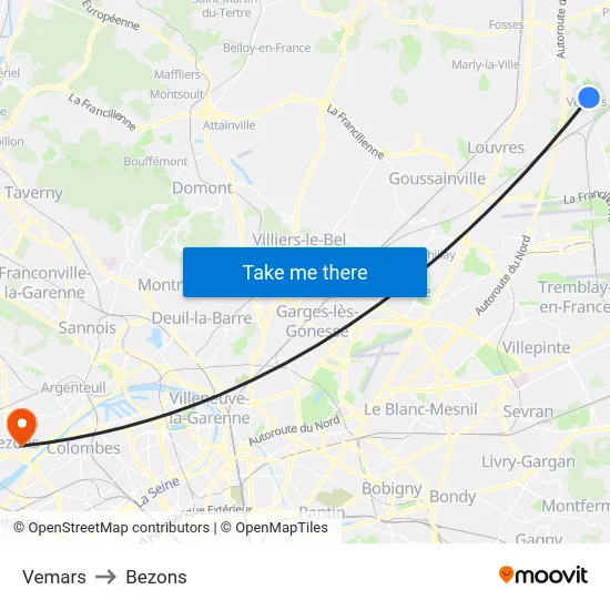 Vemars to Bezons map