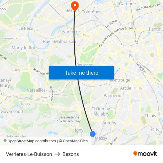 Verrieres-Le-Buisson to Bezons map