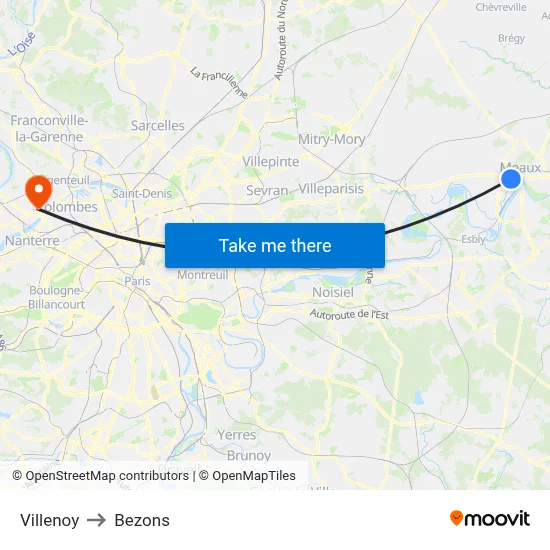 Villenoy to Bezons map