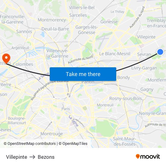 Villepinte to Bezons map
