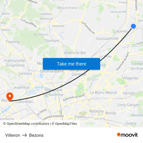 Villeron to Bezons map