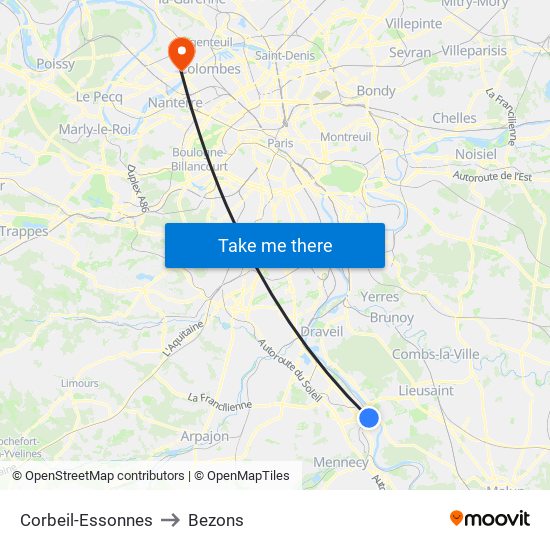 Corbeil-Essonnes to Bezons map