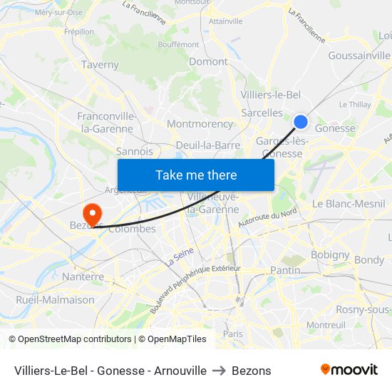 Villiers-Le-Bel - Gonesse - Arnouville to Bezons map