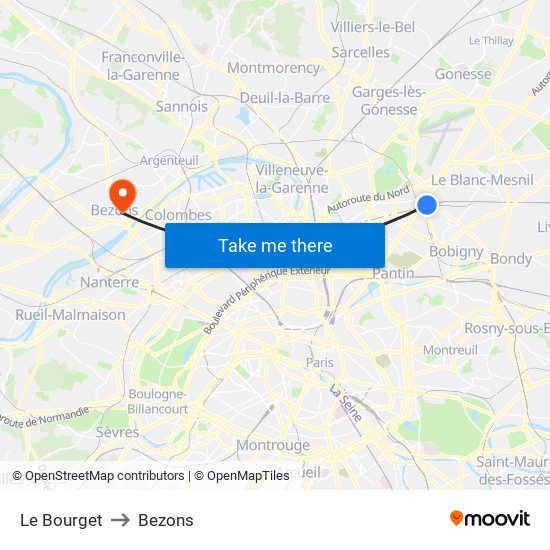 Le Bourget to Bezons map