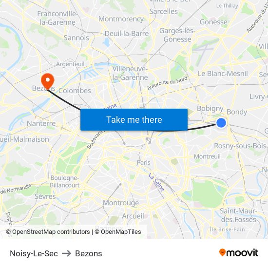Noisy-Le-Sec to Bezons map