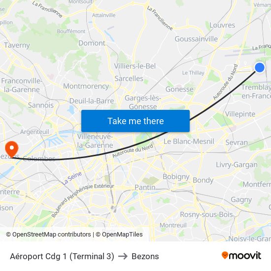 Aéroport Cdg 1 (Terminal 3) to Bezons map