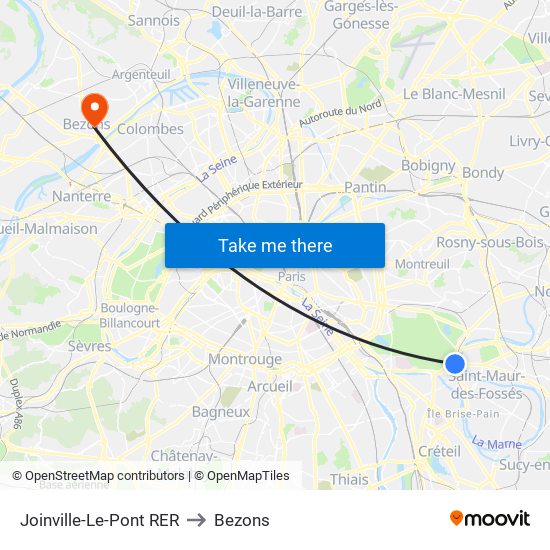 Joinville-Le-Pont RER to Bezons map