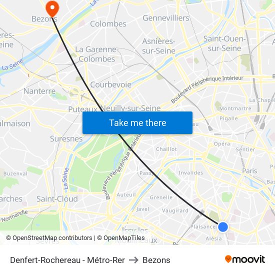 Denfert-Rochereau - Métro-Rer to Bezons map