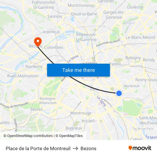 Place de la Porte de Montreuil to Bezons map