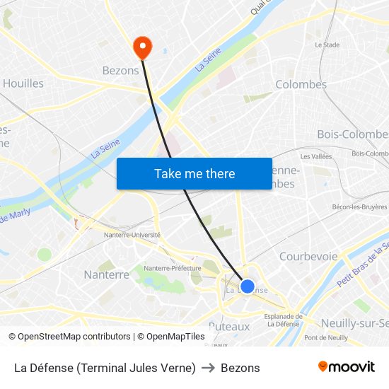 La Défense (Terminal Jules Verne) to Bezons map