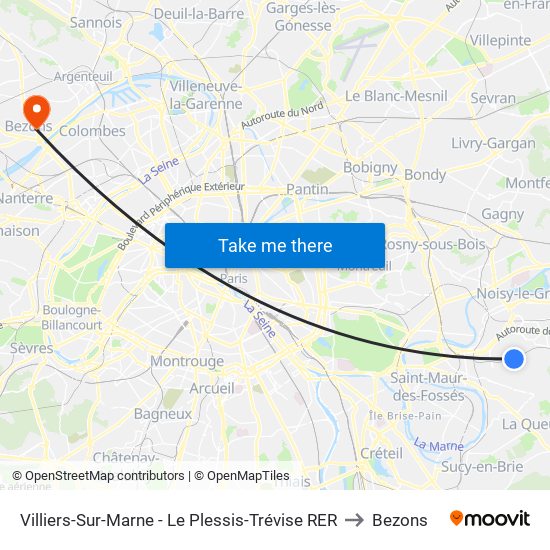 Villiers-Sur-Marne - Le Plessis-Trévise RER to Bezons map