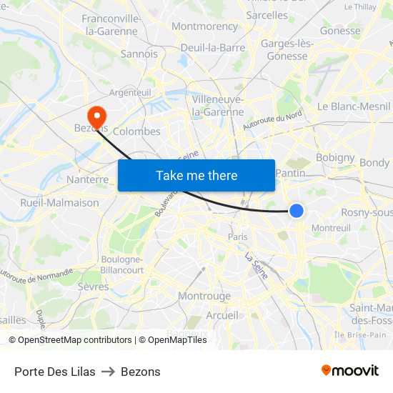 Porte Des Lilas to Bezons map