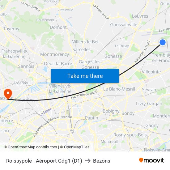 Roissypole - Aéroport Cdg1 (D1) to Bezons map
