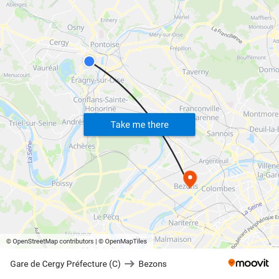 Gare de Cergy Préfecture (C) to Bezons map