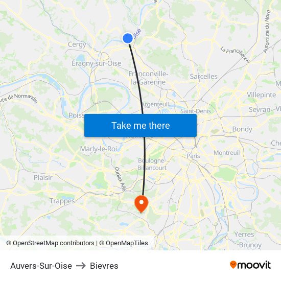 Auvers-Sur-Oise to Bievres map