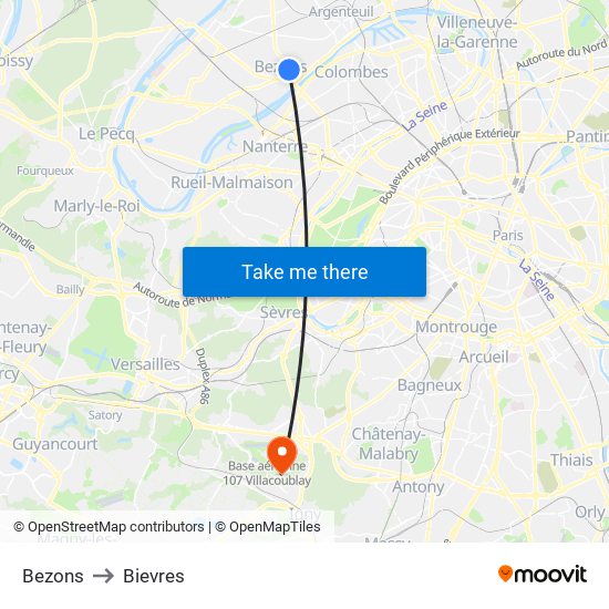 Bezons to Bievres map
