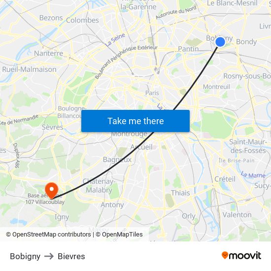 Bobigny to Bievres map