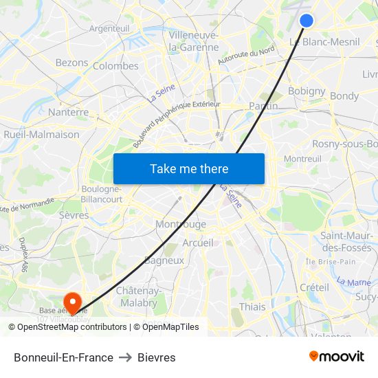 Bonneuil-En-France to Bievres map