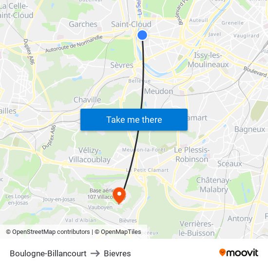 Boulogne-Billancourt to Bievres map