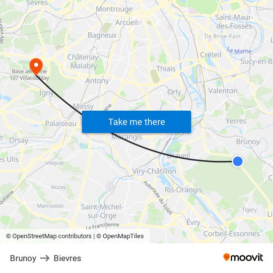 Brunoy to Bievres map