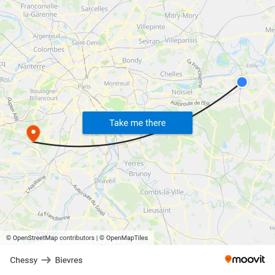 Chessy to Bievres map