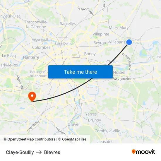 Claye-Souilly to Bievres map