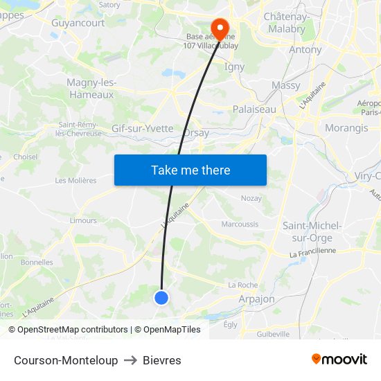 Courson-Monteloup to Bievres map