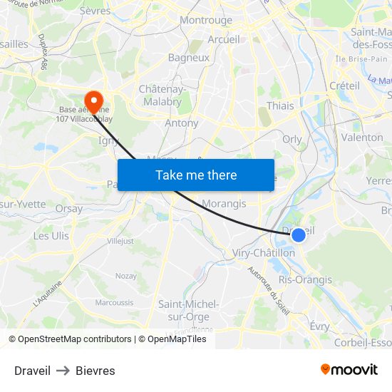 Draveil to Bievres map