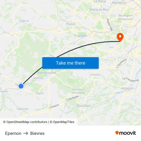 Epernon to Bievres map