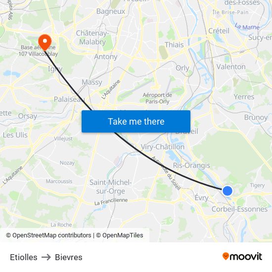 Etiolles to Bievres map