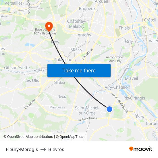 Fleury-Merogis to Bievres map