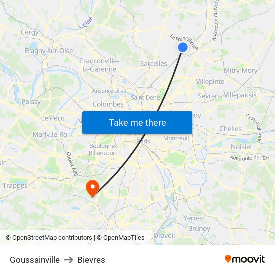 Goussainville to Bievres map