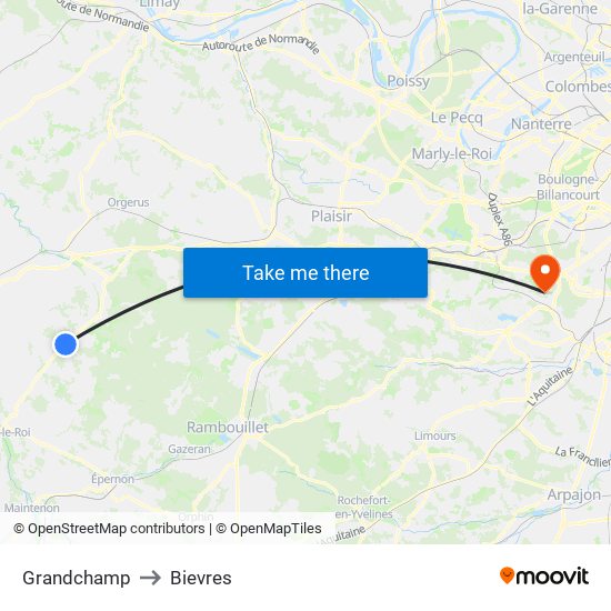 Grandchamp to Bievres map