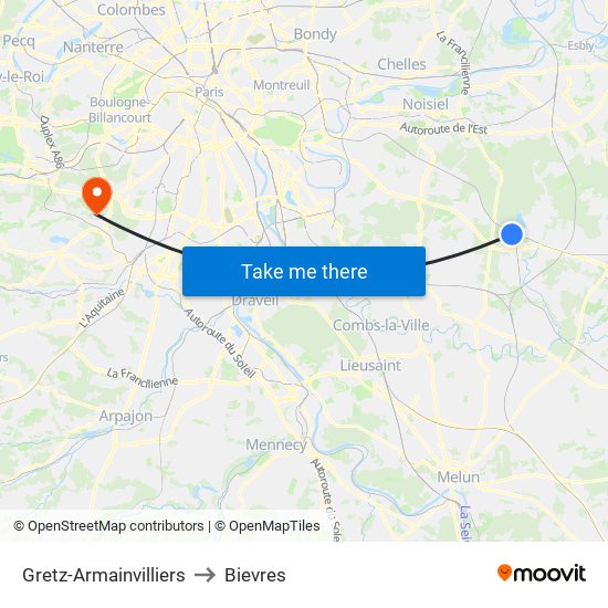 Gretz-Armainvilliers to Bievres map