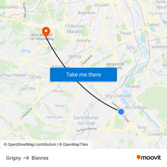 Grigny to Bievres map