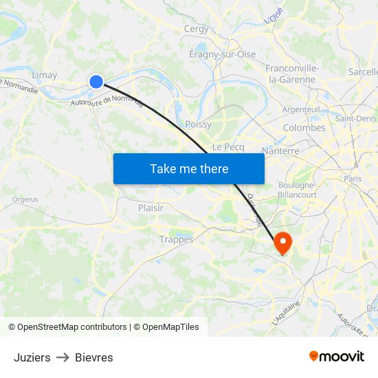 Juziers to Bievres map
