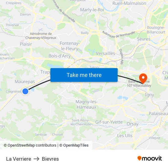 La Verriere to Bievres map