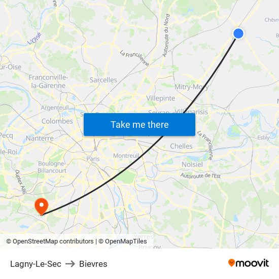 Lagny-Le-Sec to Bievres map