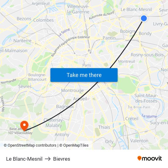 Le Blanc-Mesnil to Bievres map