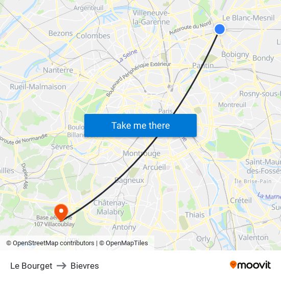 Le Bourget to Bievres map