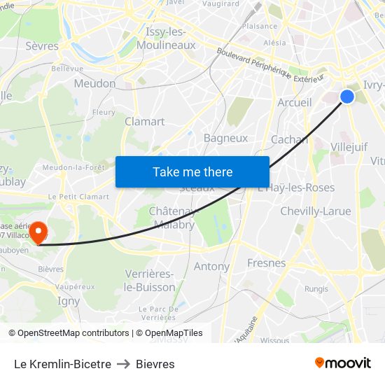 Le Kremlin-Bicetre to Bievres map