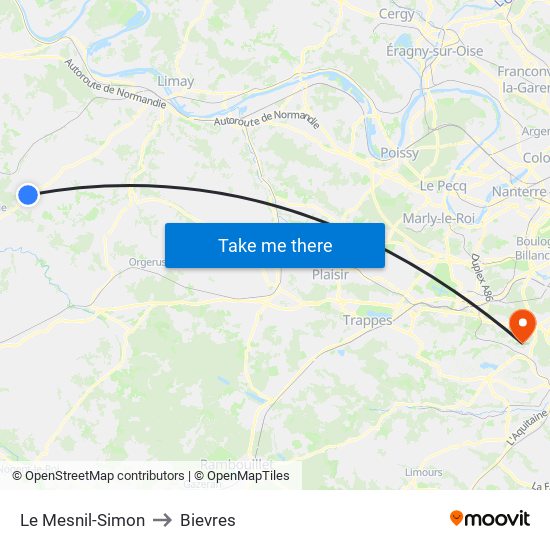 Le Mesnil-Simon to Bievres map