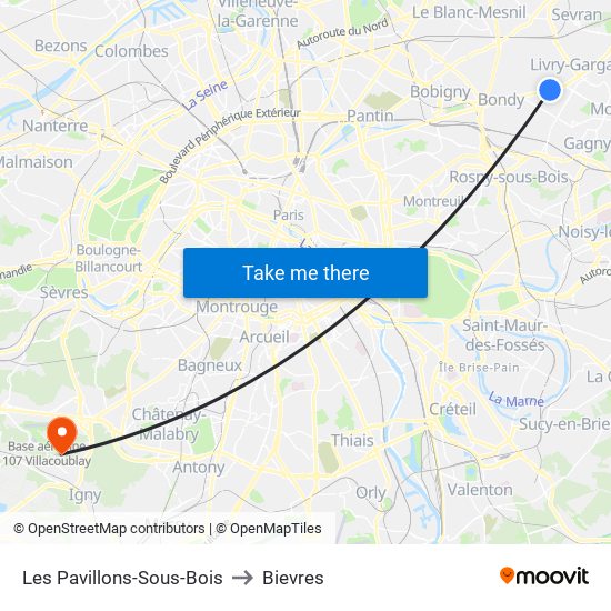 Les Pavillons-Sous-Bois to Bievres map