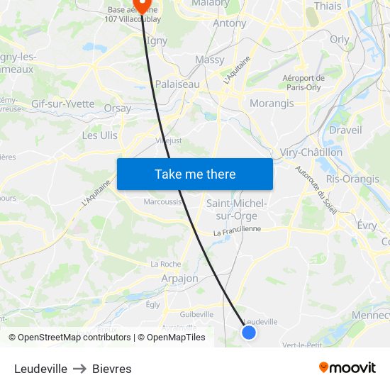 Leudeville to Bievres map